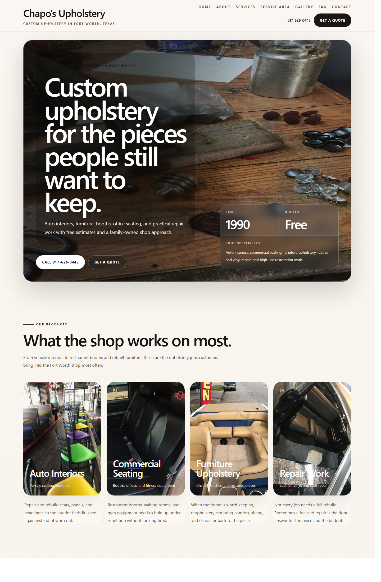 Chapo's Upholstery despues: enfoque claro en servicios, mejor camino para cotizar y adaptable al movil website screenshot