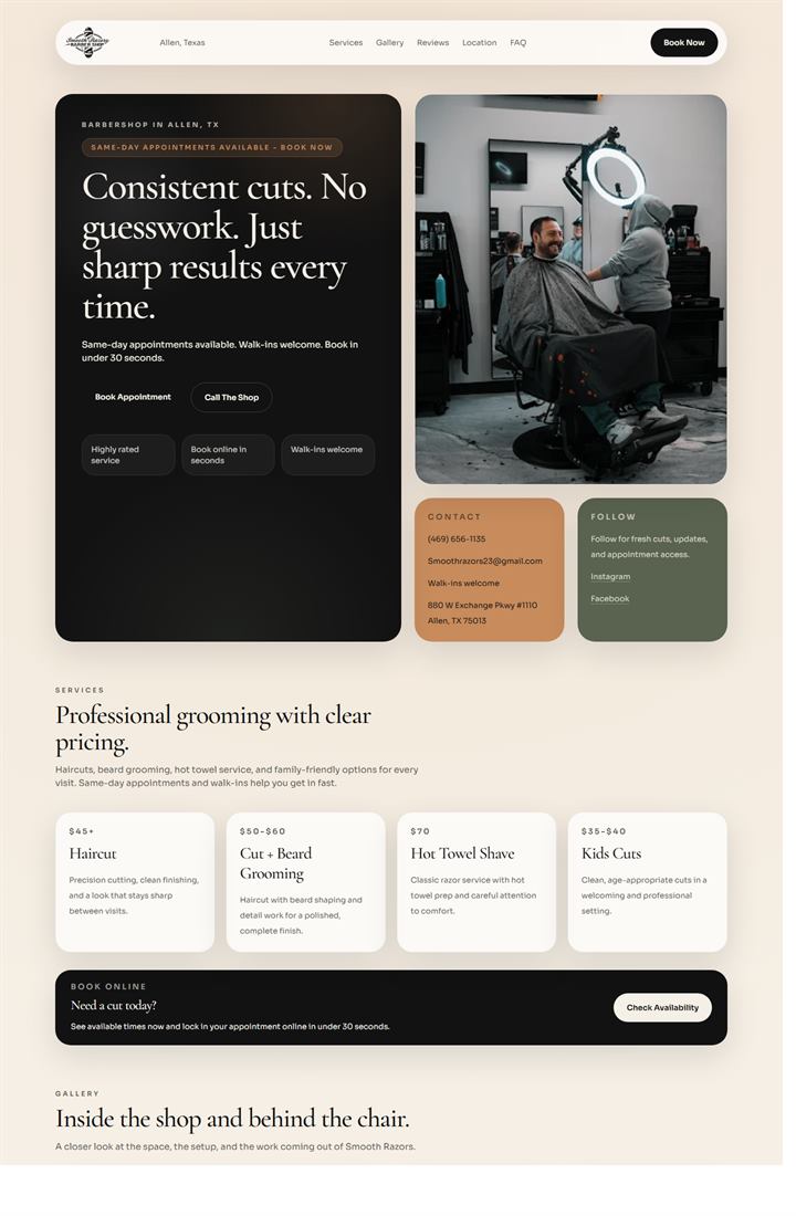 Smooth Razors Barbershop despues website screenshot