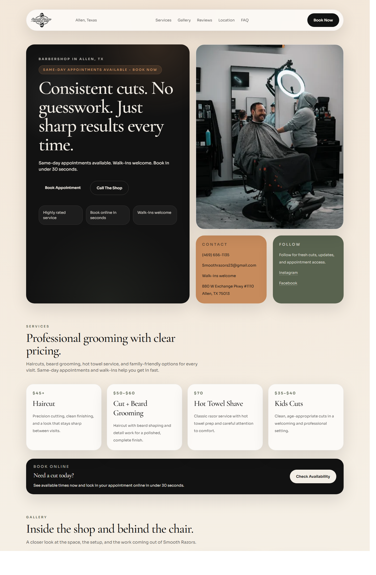 Smooth Razors Barbershop despues: diseno limpio, telefono visible y adaptable al movil website screenshot